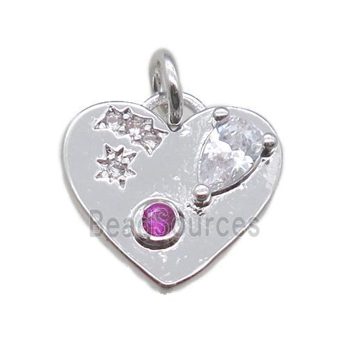 copper heart pendant paved zircon, platinum plated