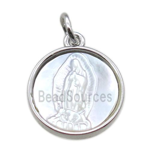 copper circle pendant with virgin mary, platinum plated