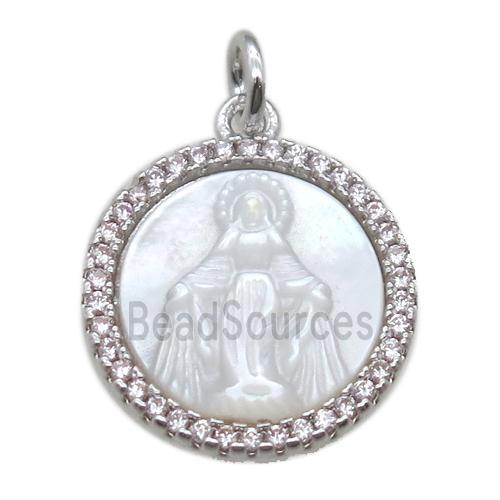 copper circle pendant pave zircon with shell virgin mary, platinum plated