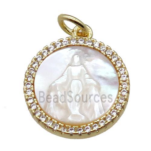 copper circle pendant pave zircon with shell virgin mary, gold plated