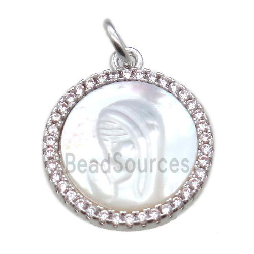 copper circle pendant pave zircon with shell virgin mary, platinum plated