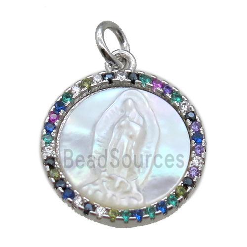 copper circle pendant pave zircon with shell virgin mary, platinum plated