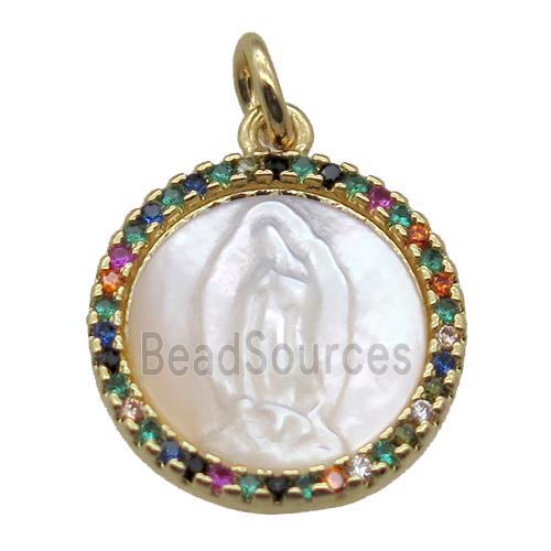 copper circle pendant pave zircon with shell virgin mary, gold plated