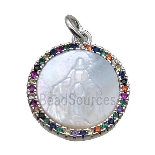 copper circle pendant pave zircon with shell virgin mary, platinum plated