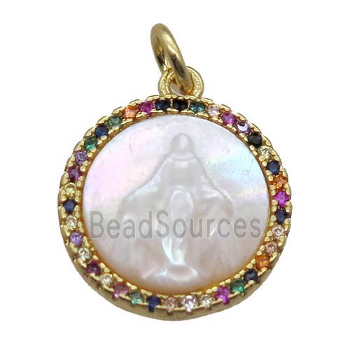 copper circle pendant pave zircon with shell virgin mary, gold plated