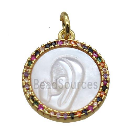 copper circle pendant pave zircon with shell virgin mary, gold plated