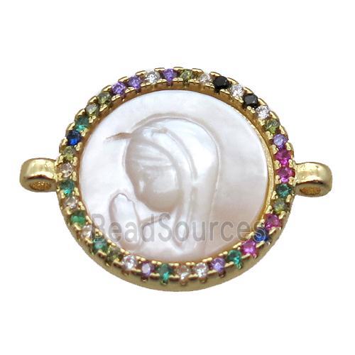 copper circle conector pave zircon with shell virgin mary, gold plated