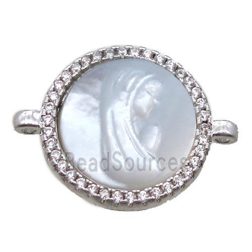 copper circle conector pave zircon with shell virgin mary, platinum plated