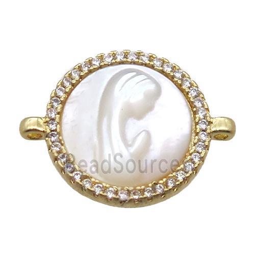 copper circle conector pave zircon with shell virgin mary, gold plated