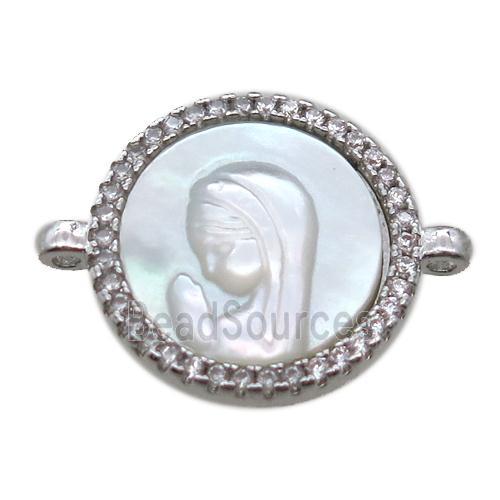 copper circle conector pave zircon with shell virgin mary, platinum plated