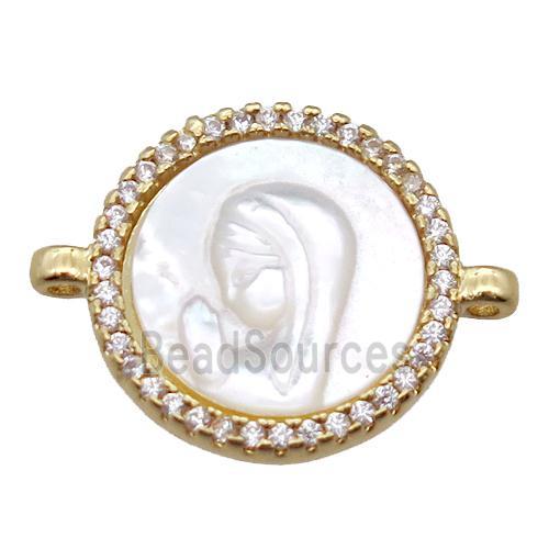 copper circle conector pave zircon with shell virgin mary, gold plated