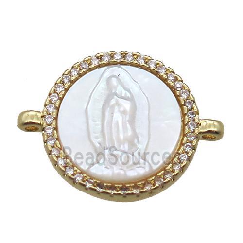 copper circle conector pave zircon with shell virgin mary, gold plated