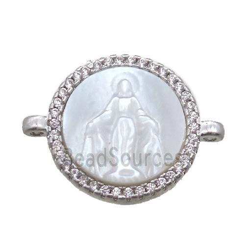 copper circle conector pave zircon with shell virgin mary, platinum plated