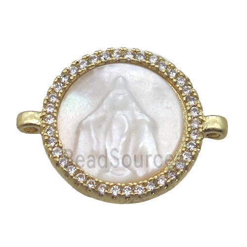 copper circle conector pave zircon with shell virgin mary, gold plated