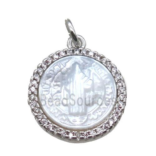 copper circle pendant pave zircon with shell virgin mary, platinum plated