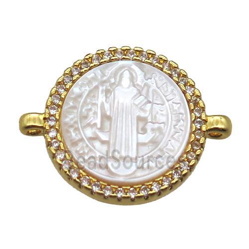 copper circle conector pave zircon with shell virgin mary, gold plated