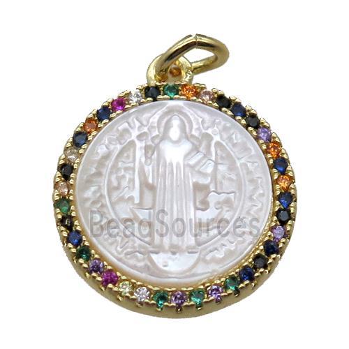 copper circle pendant pave zircon with shell virgin mary, gold plated