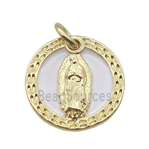 copper circle pendant with shell virgin mary, gold plated