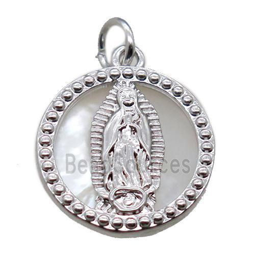 copper circle pendant with shell virgin mary, platinum plated