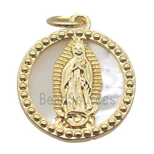 copper circle pendant with shell virgin mary, gold plated