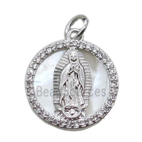 copper circle pendant pave zircon with shell virgin mary, platinum plated