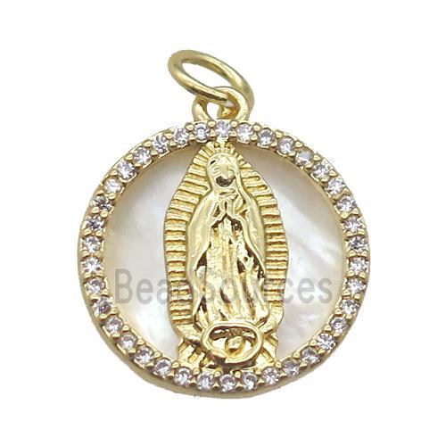 copper circle pendant pave zircon with shell virgin mary, gold plated