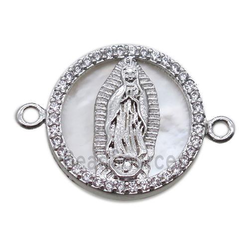 copper circle connector pave zircon with shell virgin mary, platinum plated