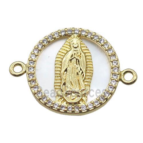 copper circle connector pave zircon with shell virgin mary, gold plated