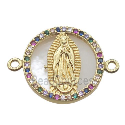 copper circle connector pave zircon with shell virgin mary, gold plated