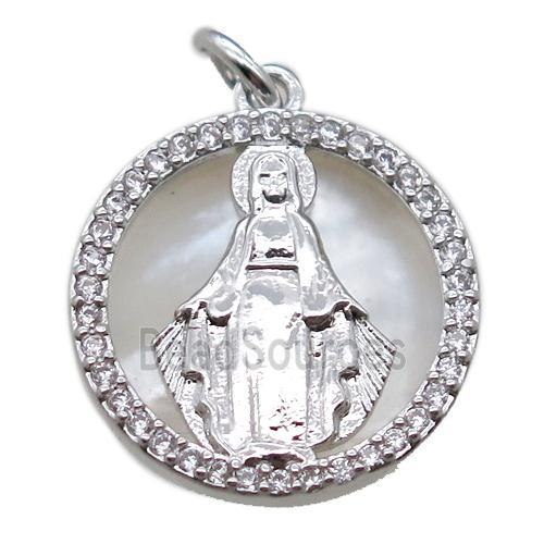 copper circle pendant pave zircon with shell virgin mary, platinum plated