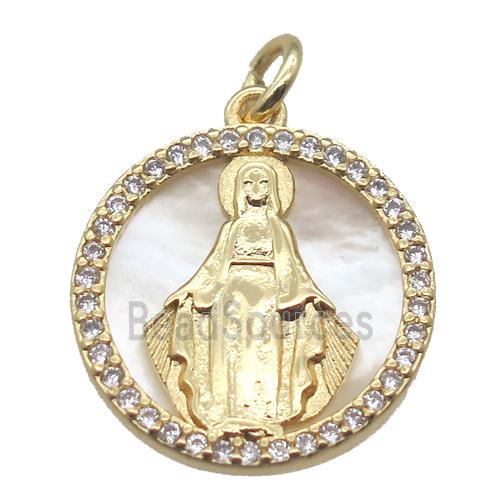 copper circle pendant pave zircon with shell virgin mary, gold plated