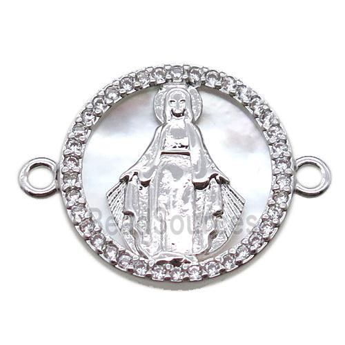 copper circle connector pave zircon with shell virgin mary, platinum plated