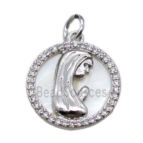 copper circle pendant pave zircon with shell virgin mary, platinum plated