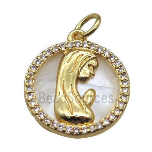 copper circle pendant pave zircon with shell virgin mary, gold plated