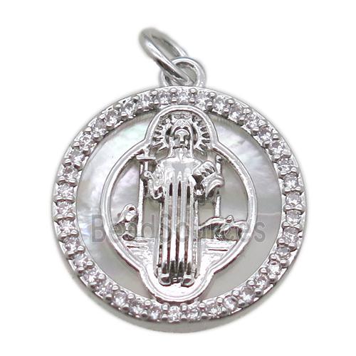 copper circle pendant pave zircon with shell virgin mary, platinum plated