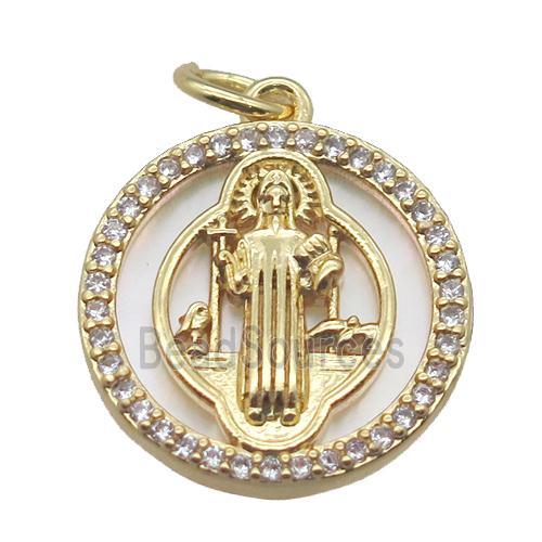 copper circle pendant pave zircon with shell virgin mary, gold plated