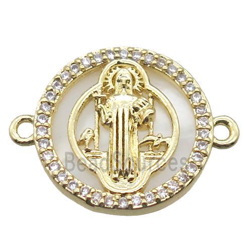 copper circle connector pave zircon with shell virgin mary, gold plated