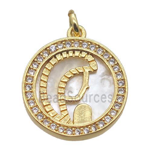 copper circle pendant pave zircon with shell virgin mary, gold plated