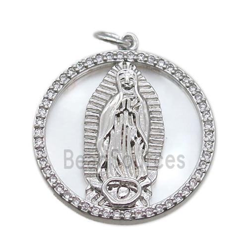 copper circle pendant pave zircon with shell virgin mary, platinum plated