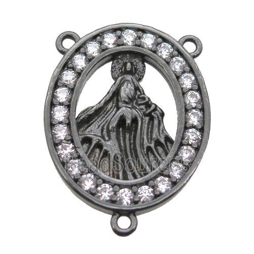 copper oval hanger bail pave zircon with shell virgin mary, black plated