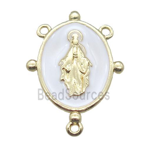 copper oval hanger bail with white enameling virgin mary, gold plated