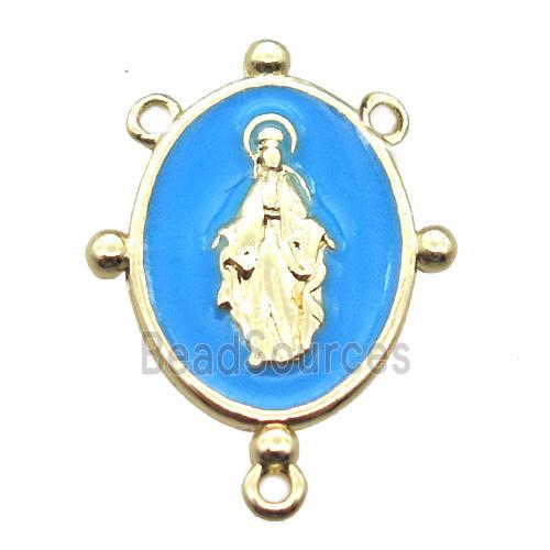 copper oval hanger bail with blue enameling virgin mary, gold plated