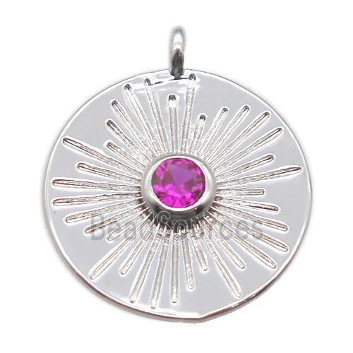 copper circle pendant paved zircon, platinum plated