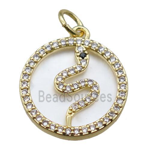 copper circle pendant paved zircon with snake, gold plated, shell backing