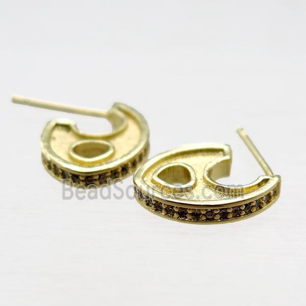 copper stud Earring paved zircon, gold plated