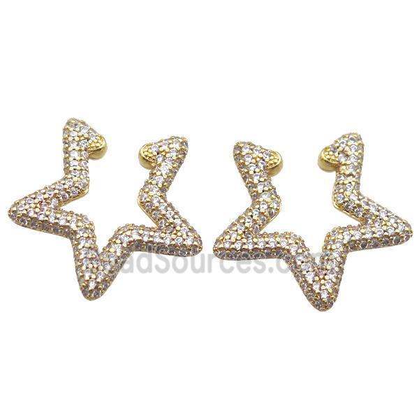 copper Clip Earrings pave zircon, star, gold plated