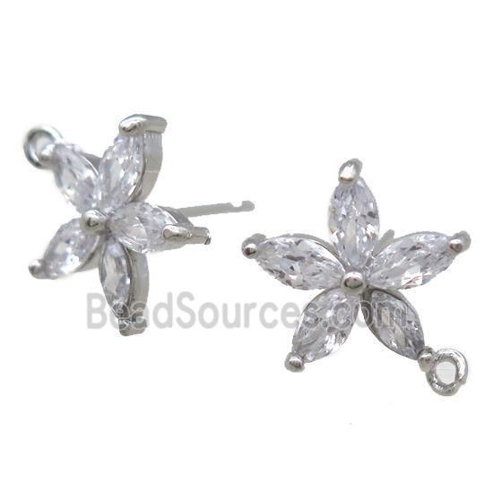 copper Studs Earrings paved zircon, flower, platinum plated