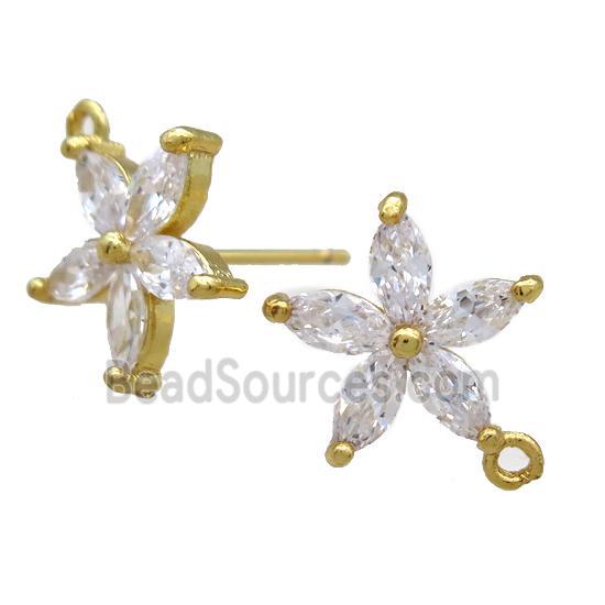 copper Studs Earrings paved zircon, flower, gold plated