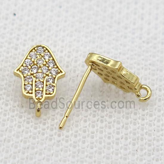 copper Studs Earrings paved zircon, hamsahand, gold plated