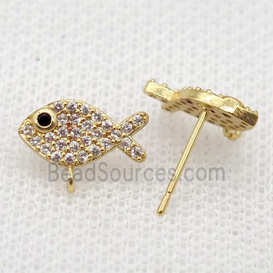 copper Studs Earrings paved zircon, fish, gold plated